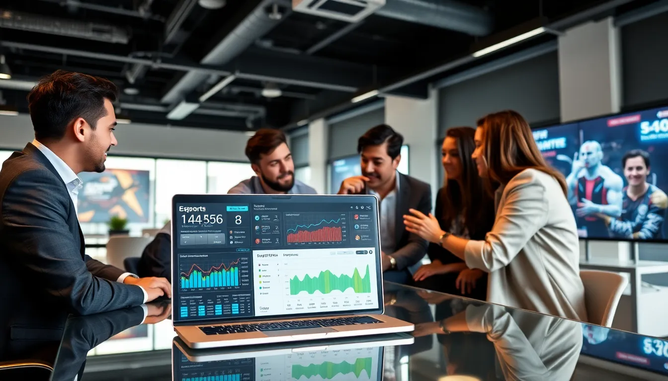 team discussing esports API data in a modern office.