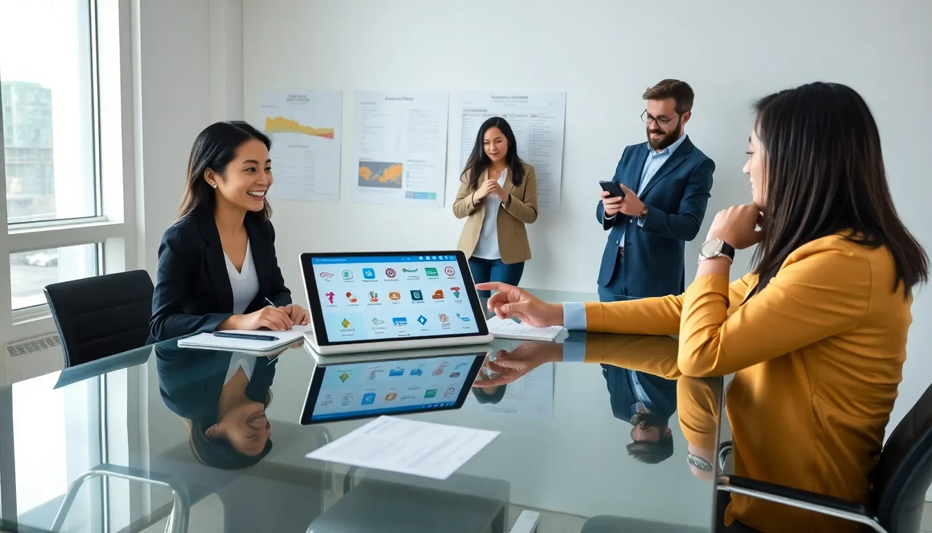 professionals discussing money transfer options in a modern office.