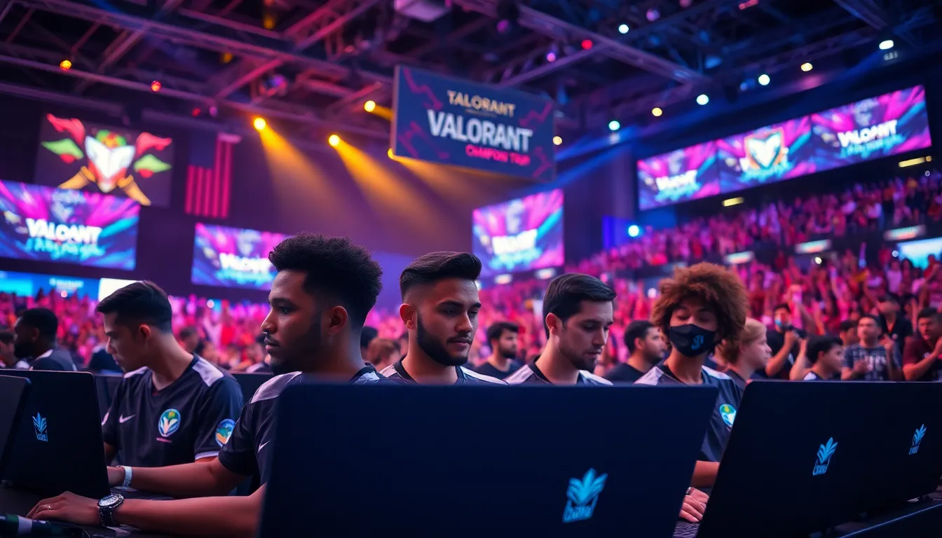 gamers competing in a vibrant esports arena during a Valorant event.